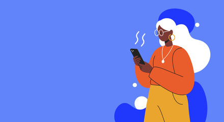 Stylish woman uses her smartphone, engaging with digital content against a vibrant blue backdrop. Perfect for technology, communication, and modern lifestyle concepts.