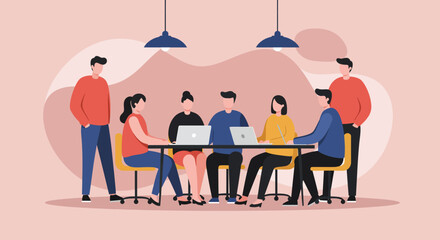 Professional business team collaborating in a modern office, using laptops during a productive meeting. Represents teamwork, strategy, and digital work.