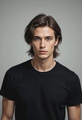 Fototapeta premium A young man with long hair and a serious expression poses in a plain black t-shirt against a neutral background.