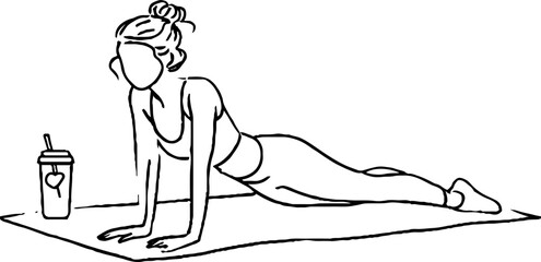 Obraz premium Minimalist line art illustration of woman exercising in plank pose with drink