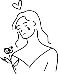 Minimalist line art illustration of woman with flower and heart icon