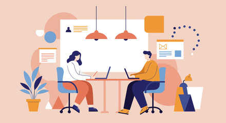 Two professionals collaborating and working on laptops in a modern office or coworking space. Ideal for business, teamwork, and productivity concepts.