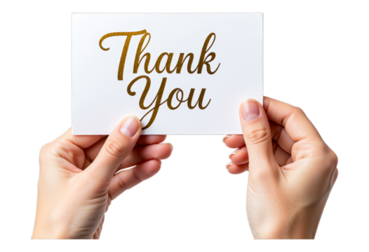 Hands Holding Gold Thank You Card on Transparent Background, Modern Greeting Card Cutout