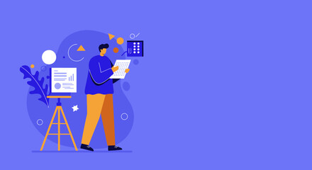 Professional man reviewing data and planning content, surrounded by charts and digital interfaces. Illustrates business strategy, analysis, and creative workflow.