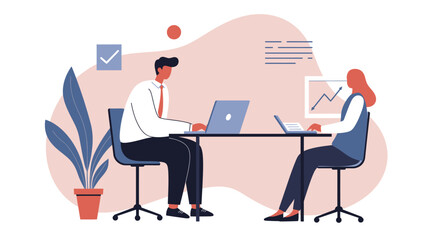 Professional colleagues collaborating on laptops at an office desk, illustrating business teamwork, data analysis, and productivity.