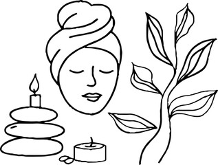 Minimalist line art of a serene female face with plants and candles for spa and relaxation themes