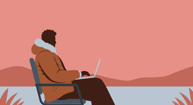 Relaxed man working on a laptop outdoors by water at sunset. Ideal for themes of remote work, digital nomad, travel, and modern lifestyle.