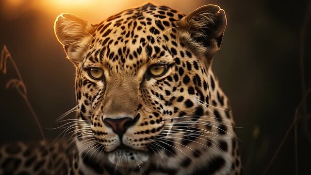 Close-up of a majestic leopard with detailed spots against a blurred, golden backdrop