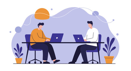 Two male colleagues focused on their laptops at a modern desk, depicting productivity, teamwork, and contemporary office work.