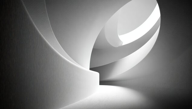 Abstract grayscale interior, smooth curves, light well