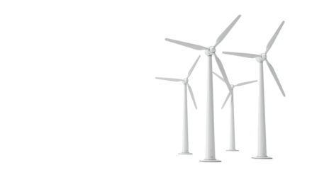 Four sleek, modern white wind turbines with three blades, futuristic design, artfully arranged on a soft white studio background with copy space, concept of clean energy innovation