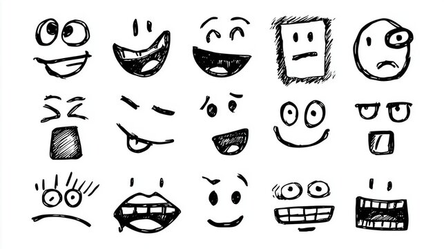 Hand-drawn doodle sketch set of funny cartoon faces showing different emotions, including happy, surprised, angry, silly, and playful expressions on a white background