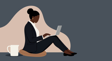 Focused businesswoman works remotely on a laptop from a comfortable setting, symbolizing modern work flexibility and productivity.
