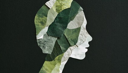 A profile portrait of a woman's head, crafted from layered, textured paper shapes in shades of green and gray