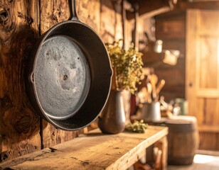 Cast iron skillet hanging on rustic wooden wall