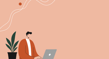 Modern illustration of a man working remotely on his laptop with a plant. Ideal for business, freelance, and online learning concepts.