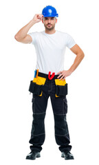 Man in Blue Hard Hat with Yellow Tool Belt, Transparent Cutout, Graphic for Web Design