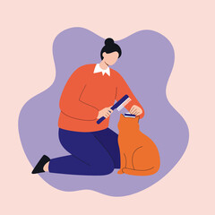 A caring pet owner gently brushes their orange cat, illustrating a moment of domestic pet care and affection. Ideal for pet product ads or lifestyle content.