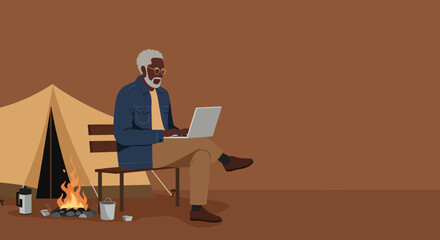 Senior Black man remote working on laptop while camping. Enjoying technology and nature, perfect for modern travel and lifestyle concepts.
