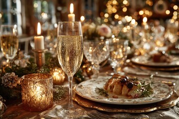 Fototapeta premium Elegant New Years dinner table with candle