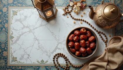 Ramadan Kareem dates and golden teapot for iftar celebration with inviting oriental mood and cozy lighting