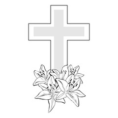 Cross with white lillies. Christian Symbol.  Easter christian motive . Resurrection. Perfect for Easter, Baptism, and Christening Announcements. Flower Cross isolated on White. Vector illustration.