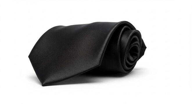 Elegante schwarze Krawatte liegt weich gerollt auf weissem Hintergrund Studioaufnahme. AI Generated