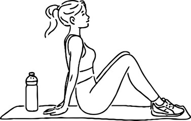 Minimalist line art of female silhouette exercising with water bottle for wellness design