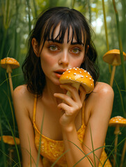 Enchanting young woman in yellow dress holding mushroom surrounded by forest fantasy nature surreal portrait concept