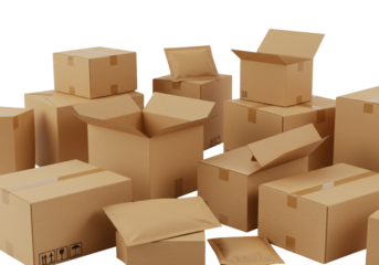 A dynamic collection of clean, brand-new brown cardboard boxes, some open, some sealed, arranged diagonally on a bright white studio background with soft high-key lighting, conveying efficient