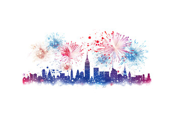 Obraz premium Fireworks exploding above city skylines, festive celebration iso