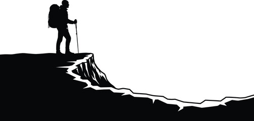 Obraz premium Silhouette of a hiker standing a cliff edge, person is wearing a backpack and using trekking poles