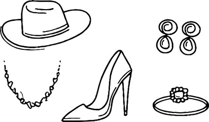 Fototapeta premium Minimalist line art collection featuring hat, earrings, necklace, shoe, and ring for fashion design