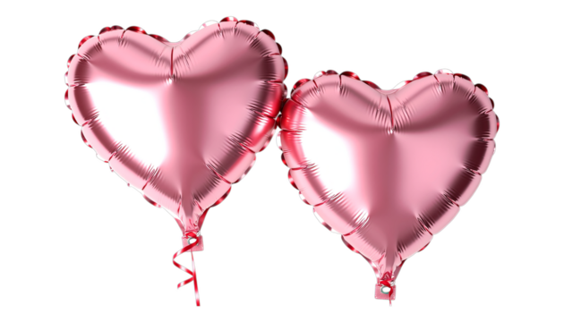 Pink Heart Balloons with Red Ribbons, Glossy on Transparent Background, Valentine's Day Graphic