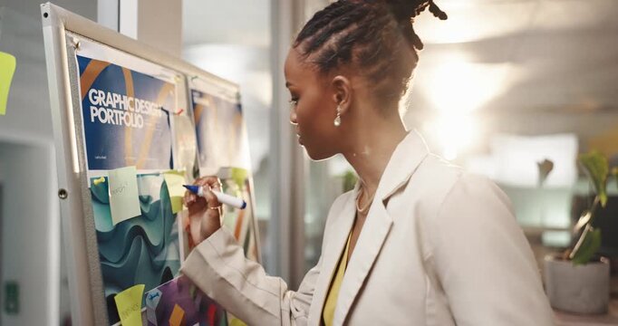 Writing, thinking and black woman with sticky note for graphic design, research and business ideas. Creative agency, startup and person with board for brainstorming, planning project and inspiration