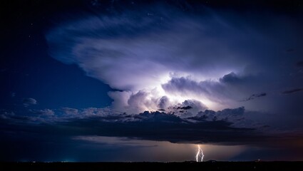 Powerful lightning strike illuminates dark storm clouds at night