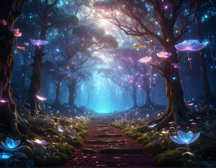 A path with floating holographic leaves in a forest with glowing, futuristic tree branches.