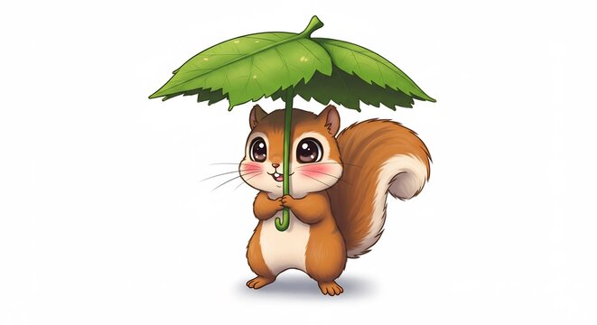 Suessig Eichhorn schutzt sich unter grossem Blatt sanft vor Regen. AI Generated