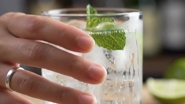 Hand Reaching for Refreshing Drink with Ice, Mint, and Lime Wedge on a Summer Day
