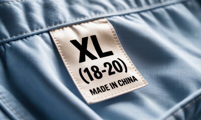 Close up of an XL 18 20 size clothing tag with made in china text on light blue fabric