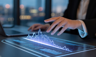 Businesswoman hand touching glowing holographic graph for project phoenix data analysis