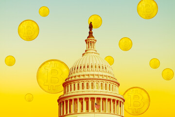 United States Capitol building with bitcoins floating in sky