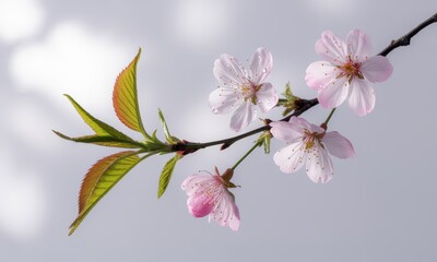 Obraz premium Delicate cherry blossom branch with pink flowers and fresh green leaves in spring