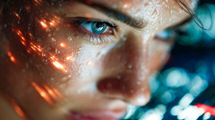 Close-up of a human eye with futuristic reflections and glowing lights, symbolizing technology, AI, and digital identity