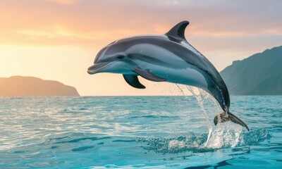 Majestic bottlenose dolphin leaping high out of the clear blue ocean waves at sunset