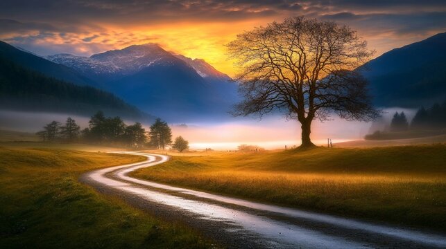 Breathtaking Sunset Over Misty Mountains with Leafless Trees and Golden Grass Landscape View - Powered by Adobe