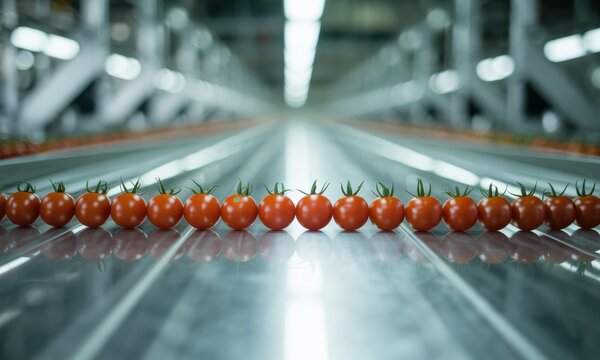 Perfectly aligned red cherry tomatoes moving on a modern industrial production line - Powered by Adobe