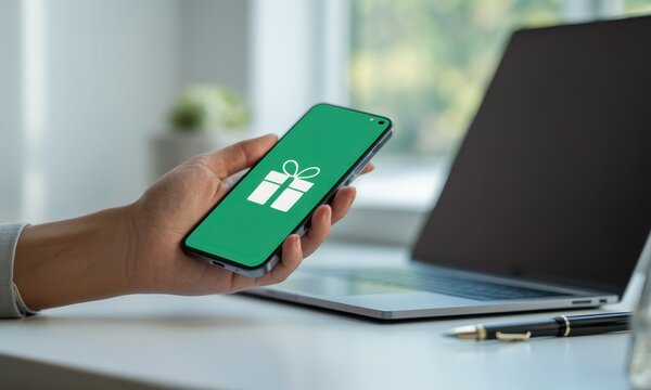 Hand holding smartphone with green screen displaying white gift box icon for online reward - Powered by Adobe