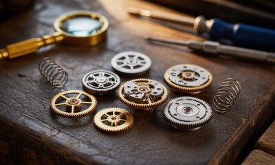 Finely crafted vintage watch gears, springs, and tools arranged on a worn leather workbench