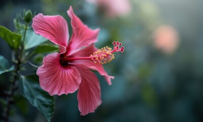 Vibrant fuchsia pink hibiscus flower in full bloom with detailed stamen and pistil
